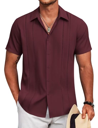Image of COOFANDY Mens Cuban Guayabera Shirt Short Sleeve Button Down Shirts Summer Beach Vacation Shirts