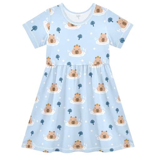 Cute Bathing Capybara with Flowers Summer Girls Short Sleeve Dress Casual Dresses Beach Sundress for 2-8 Years