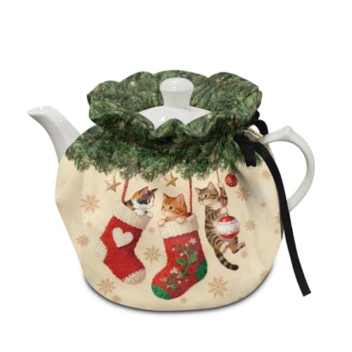 Image of Cute Cat Print Tea Pot Cosy Christmas Teapot Insulation Cover Drawstring Design Breakfast Warmer with Insulation Pad 6.1x6.1x6.9 Inch Tea Cozy for Teapot