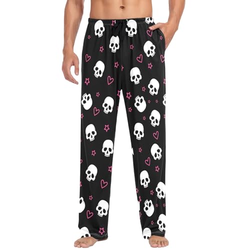 Mens Cotton Pajama Pants Hearts and Skull Sleepwear Pj Bottoms Lightweight Lounge Pants S-XXL