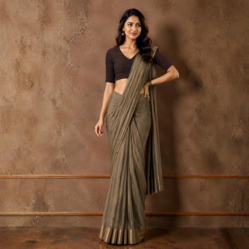 Image of Studio Shringaar Women Cotton Half Sleeve Madras Checks Saree Blouse with Stretchable Sides