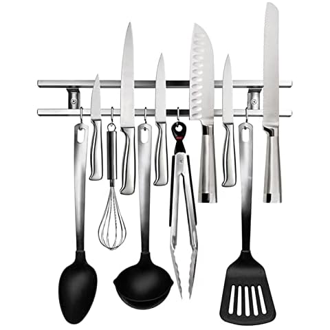 Acogedor Wall Mounted Magnetic Knife Rack, 12 Inch Stainless Steel Kitchen Utensil Hanging Rack, Magnetic Knife Rack, with 4 Removable Hooks Cover