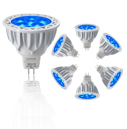 JSVSAL Ampoule LED MR16 à intensité variable 5 W Remplace l'équivalent halogène 50 W Culot double broches 12 V GU5.3 Éclairage spot 40 degrés pour éclairage intérieur et extérieur,Lot de 6,Bleu