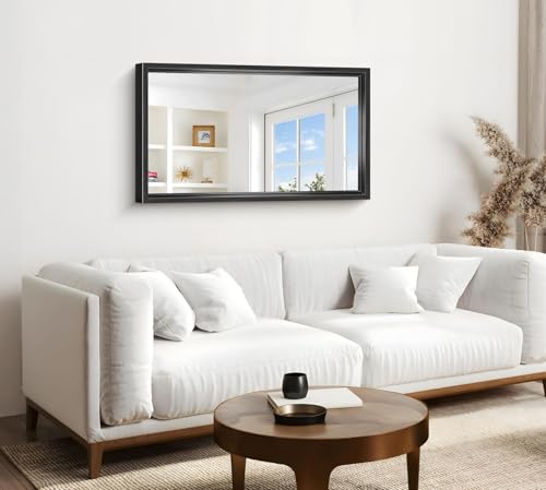 Image of Black Framed Mirror 24 inchx40 inch, Brushed Black Bathroom Mirrors for Over Sink, 0.6 inch Thickened Deep Frame Rectangle Mirrors for Wall, Shatterproof Tempered Glass, Antirust, Horizontally /Vertically