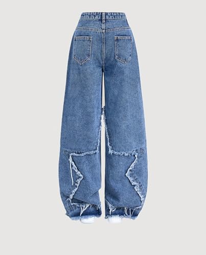 Y2K Wide Leg Jeans for Teen Girls 13-16Y High Waist Star Patchwork Raw Hem Denim Pants Hip Hop Streetwear Pant4