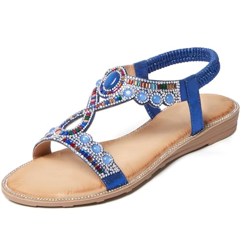 Image of iCKER Womens Rhinestone Strappy Flat Sandals Elastic Ankle Strap Open‑Toe | Sparkling,for wedding,party,evening dates,special occasion,Vacation,Formal