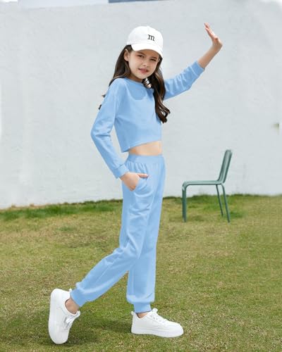 Image of Betusline Girls 2 Piece Outfits Girls Cropped Sweatsuit Pants Outfit Clothes Set, 4T-14 Years