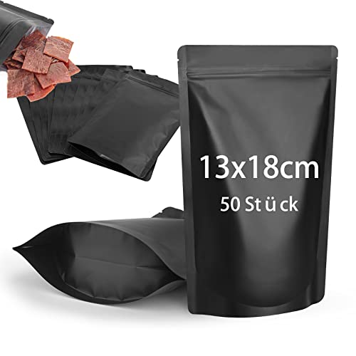 CANLENPK - 50 sacchetti in Mylar richiudibili, con chiusura lampo, per alimenti, pellicola di alluminio opaca, termosaldabile (nero, 13 x 18 cm)