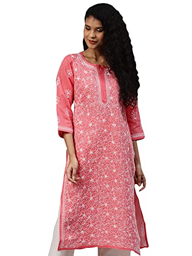 Image of Ada Women's Cotton Straight Fit Straight Hand Embroidered Lucknowi Chikankari Kurta Kurti A411165