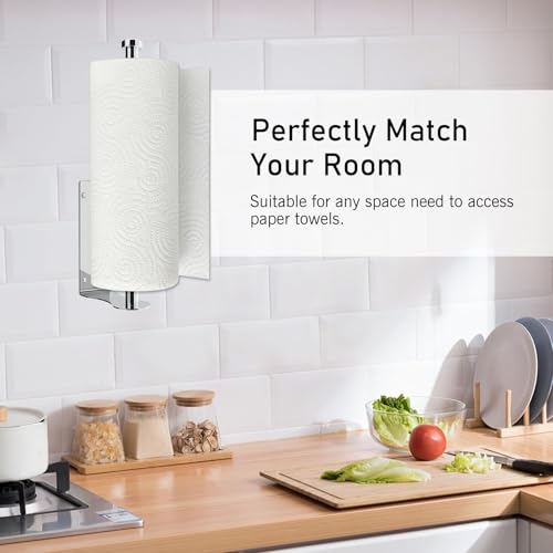 Image of SetSail Paper Towel Holder, Single Hand Operable Paper Towel Holder Under Cabinet with Adjustable Damper Easy Tear Wall Mount Self-Adhesive or Drilled for Kitchen Bathroom, Mirror Silver