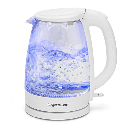 Aigostar Eve 30KHT - Glass Water Kettle with LED Lighting, 2200 Watts, 1.7 Liter, Boil-dry Protection, BPA Free, White