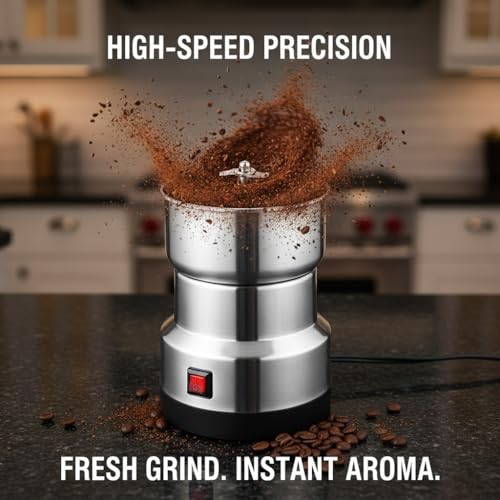 Image of Drumstone (𝐄𝐱𝐥𝐮𝐬𝐢𝐯𝐞 𝟐𝟎 𝐘𝐞𝐚𝐫𝐬 𝐰𝐚𝐫𝐫𝐚𝐧𝐭𝐲) Portable Stainless Steel Electric Grinder for Coffee Beans, Masala, Herbs & Dry Spices, High-Speed Compact Grinding Machine for Kitchen