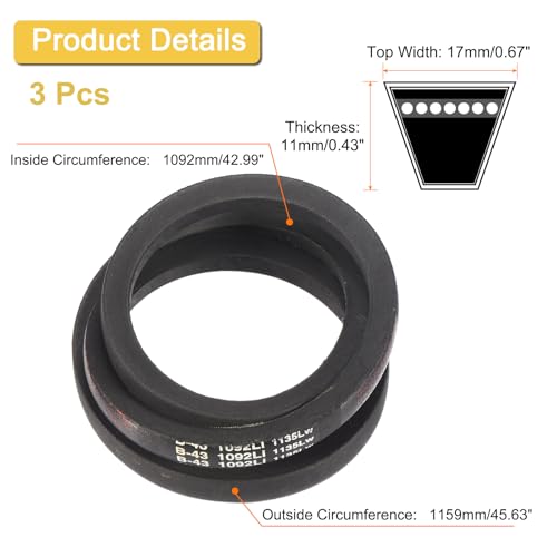 Image of uxcell 3 Pack B-43 Classic Wrapped V-Belt, 46 inch Outside Circumference, Black, Industrial Rubber V-Belt for Industrial Machinery Equipment