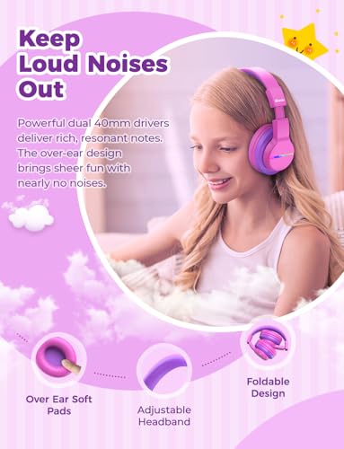 Image of iClever BTH12 Kids Headphones, Colorful LED Lights Kids Bluetooth Headphones with 74 /85 /94dB Volume Limited Over Ear, 40H Playtime, Built-in Mic for School /Tablet /PC /Airplane (Hot Pink)
