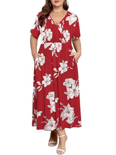Image of BELAROI Womens Plus Size Maxi Dress Summer Wrap V Neck Flowy Long Sundress Beach Dresses with Pockets