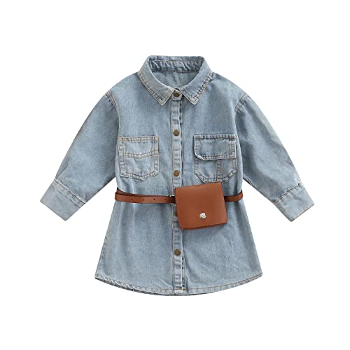 Little Girl Long Sleeve Denim Dress Lapel Snap Placket Jean Dresses Casual Top Spring Summer Autumn Clothes