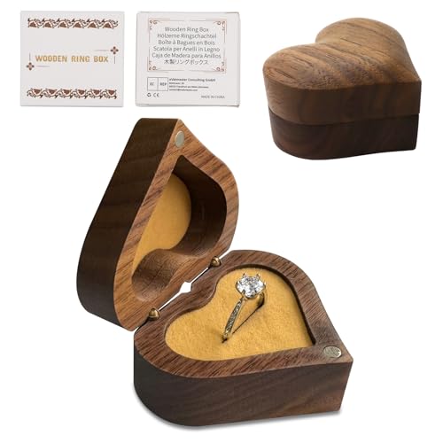 Caja de Anillo de Nogal con Terciopelo y Soporte Interior para Pendientes y Joyas de Madera, Presentación para Propuesta y Compromiso, Ceremonia de Boda (Champán}