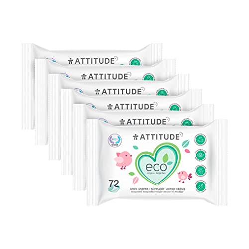 Image of ATTITUDE Biodegradable Baby Wipes, Plant Based Unscented Diaper Wipes for Babies and Newborn, Dermatologically Tested, Vegan, 72 Count (Pack of 6)