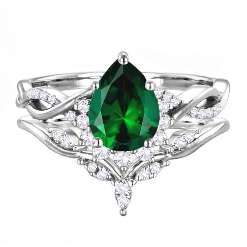 10K/14K/18K Gold 1 Carat Pear Cut Gemstone Vintage Engagement Rings Set for Women Birthstone Art Deco Engraved Bridal Wedding Promise Ring Sets for Her Wife Size 4~122