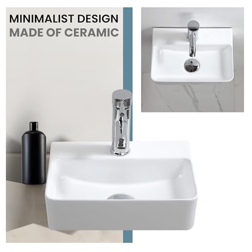 Miniatura 8 de Lavabo De Cerámica, Lavamanos Blanco De Aseo Anti-Manchas, Lavabo Sobre Encimera Para Baño, Fácil De Limpiar Y Con Conexiones Estándar. Ideal Para Cocina O Baño. 36,5x25,5x10,5 Cm