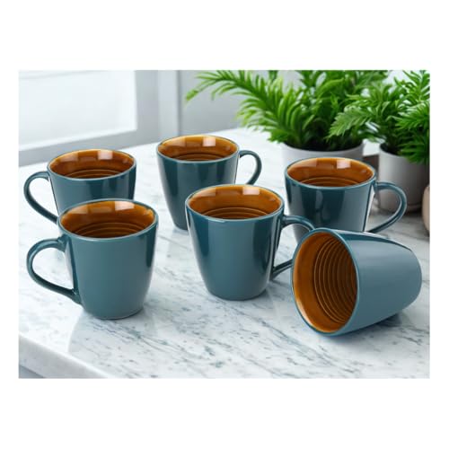 Image of Bodhi House Handcrafted Ceramic Coffee Mug Set of 6 Pieces (350 Ml), Stoneware Tea Cup, Microwave Safe Large Milk Mug, Glossy Finish, Ideal for Daily use, Casual Gatherings and Gifting, Cyan