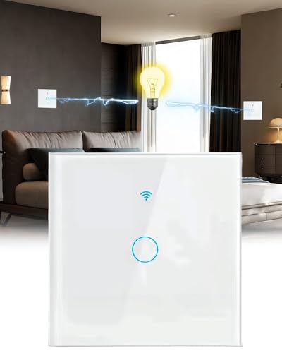 Wifi Smart Light Switch, 1 Gang 1 Way Touch Light Switch Single Gang White Lights Switches Voice/App Control Lights Switches Tempered Glass Panel with Led Indicator for Home Living Room Bedroom