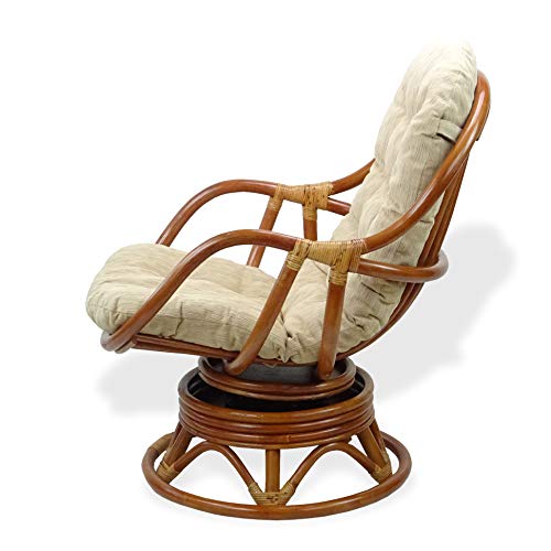Bali Lounge Swivel Rocking Chair with Cream Cushion Natural Rattan Wicker Handmade, Colonial