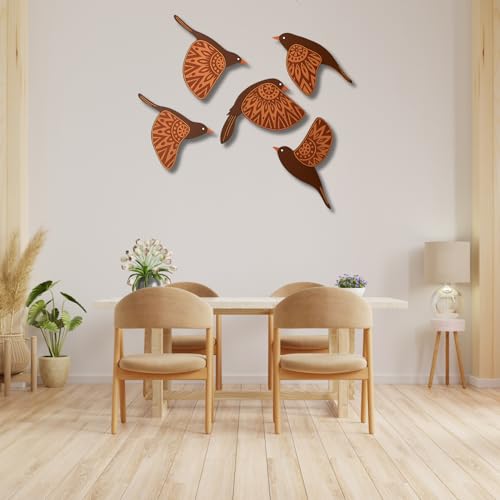 Image of GiftOday Wooden 3D 5 Pieces Birds for Wall Art Panel | Wood Bird Folk Art Wall Hanging Art Decoration Item for Living Room, Bedroom, Drawing Room, Dining Room & Office (Brown) Pack of 1