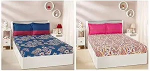 Amazon Brand - Solimo Paisley Preen 144 TC 100% Cotton Double Bedsheet with 2 Pillow Covers, Pink and Yellow & Floral Flakes 144 TC 100% Cotton Double Bedsheet with 2 Pillow Covers, Blue