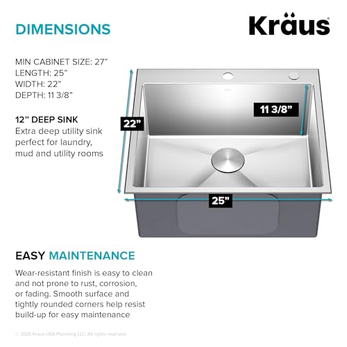 KRAUS Standart PRO 25-inch Drop-In Top Mount 16 Gauge Stainless Steel Single Bowl Laundry Utility Sink, KHT301-25L - image 6
