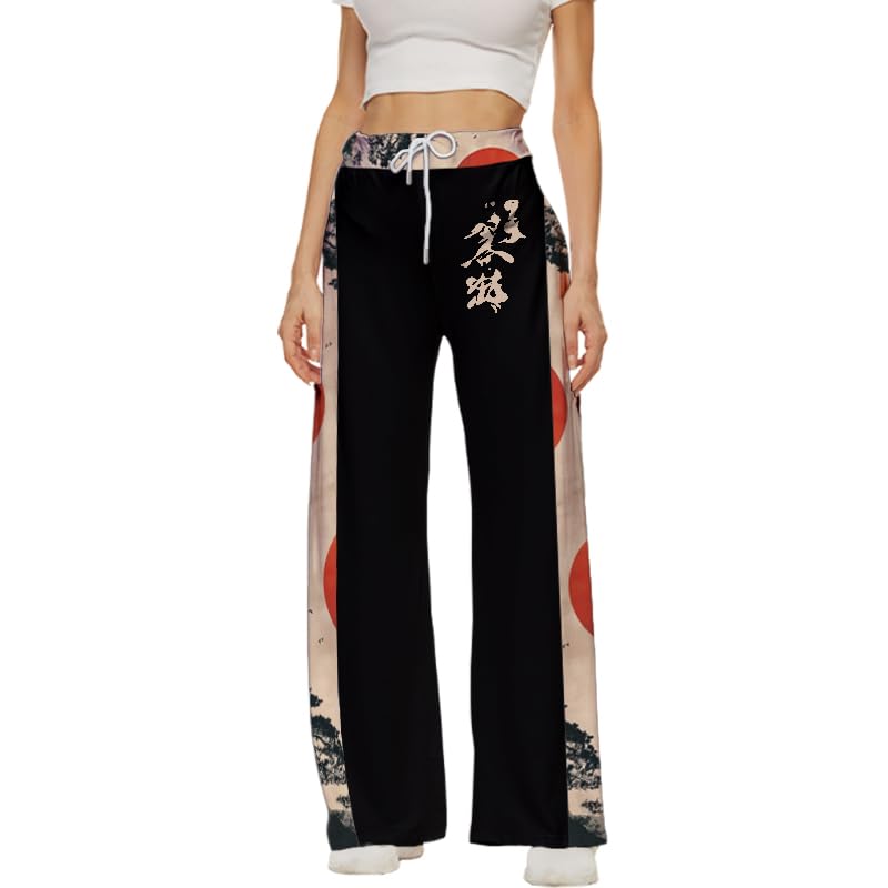 MARSVOVO Palazzo Pants for Women Wide Leg with Pockets Novelty Print High Waisted Drawstring Vintage Japanese Pants