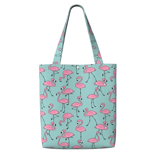 Pink Blue Flamingo Canvas Tote Bag Aesthetic For Women, Reusable Tote Shoulder Bags For Vacation, Shopping, Work, Grocery