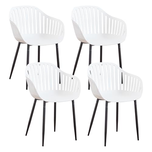 GrandCA HOME Juego de 4 Sillas de Comedor Modernas, Sillas de Cocina con Respaldos Huecos Verticales, Reposabrazos y Patas de Metal Negro, Adecuadas para Salas de Estar, Balcones, Oficinas   Blanco