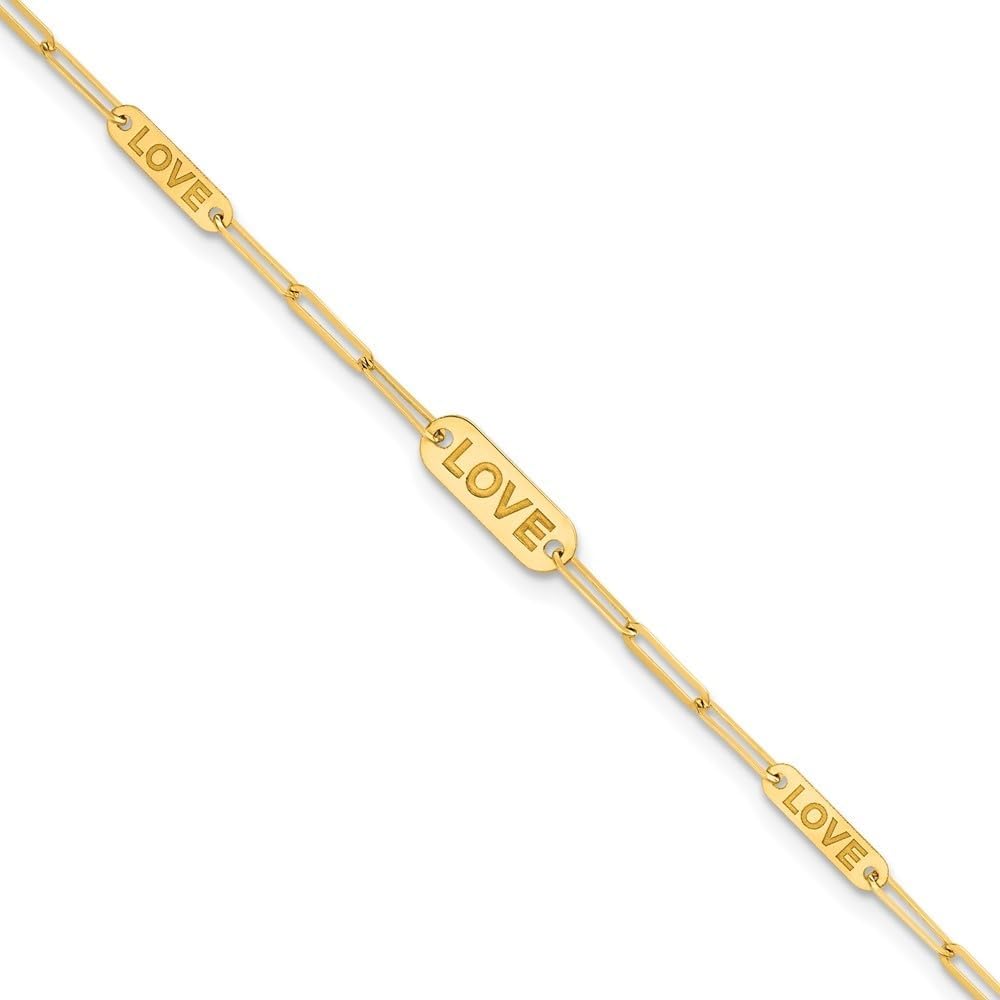 Diamond2Deal 14K Yellow Gold Polished LOVE Paperclip Link Bracelet 7.25"