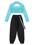 Aiihoo Kids Girls Street Hip Hop Dance Outfit Long Sleeve Sequins Ballet Crop Top with Chain Jogger Cargo Pants Set Tracksuit Lake Green 13-14 Years - Image 4