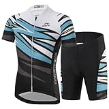 SXSHUN Kinder Jungen Fahrradtrikot Mädchen Schnelltrocknend Kurzarm Trikot & Kurze Radhose mit 3D Sitzpolster Atmungsaktiv Radsport-Bekleidung, Blau+Schwarz, 134-140