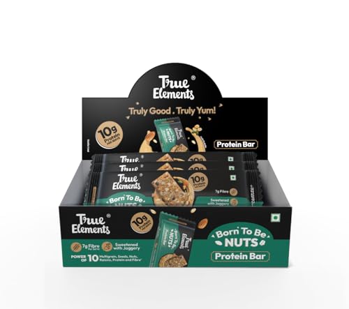 Image of True Elements Born To Be Nuts Protein Bar 300gm (Pack of 6 * 50g) - Crunchy Protein Bar | 10g Protein + 7g Fibre | Sweetened with Jaggery | Healthy Protein Snack