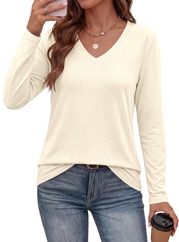 PRETTYGARDEN Womens Long Sleeve Shirts V Neck Basic Tees (Beige,XXL)