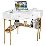 COSTWAY Computertisch Eckschreibtisch, Winkelschreibtisch mit 2 großen Schubladen, Bürotisch für kleine Räume, Corner Table Schreibtisch, Ecktisch Arbeitstisch Büro (Golden)