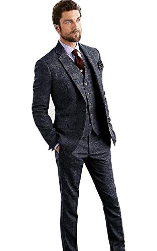 Men's Houndstooth Tweed Wool Blend Grey & Blue Grid Plaid Check Tuxedos Groom Slim Fit Formal Vintage 3 Pieces Suit