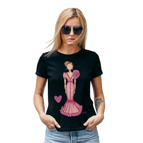 Camiseta Entallada de Manga Corta para Mujer, con Traje de Flamenca Rosa, Camiseta Negra - Talla XL - Isabel