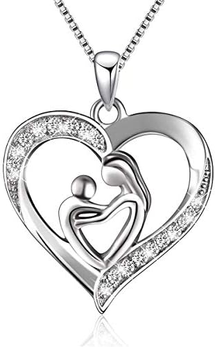 BGTY Women Girls Sterling Silver Mothers Child Necklace Cubic Zirconia Love Heart Pendant Necklace, 18"