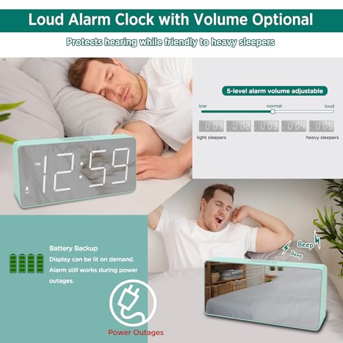 Image of Peakeep Digital Clock, Alarm Clock Battery Backup Powered for Bedrooms - Mirror Face Large Numbers 6 Dimmers for Seniors, Super Loud for Heavy Sleepers (Aqua)