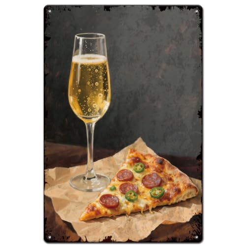 SUPERDANT Plaque Metal Vintage pour Pizza au Champagne Plaque Murale Decorative Rectangulaire Affiche Vintage pour Salon Cuisine Bar Restaurant Panneau...