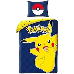 Funda Nordica Pikachu Juego de cama reversible Pokemon, 100% algodón, funda nórdica Pikachu 140 x 200 cm + funda de almohada de 65 x 65 cm, color azul