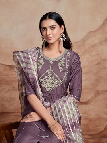 Image of EthnicJunction Women's Chinon Embroidered Straight Front Slit Kurta Palazzo & Organza Dupatta Set | Wedding | Heavy | Outfit | Suit