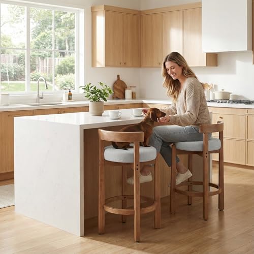 Image of LukeAlon Mid Century Linen Counter Stools Set of 2, Upholstered 26.5 inch Seat Height Low Barstools with Natural Wood Legs Round Low Back Kitchen Stool with Footrest for Dining Room Pub Island, Light Grey