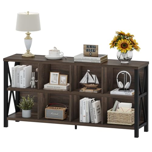 FATORRI 8 Cube Storage Organizer Bookshelf, 62 Inch Rustic Wood Horizontal Bookcase, Farmhouse Cube Long Book Shelf, TV Console Stand for Living Room (Dark Walnut)