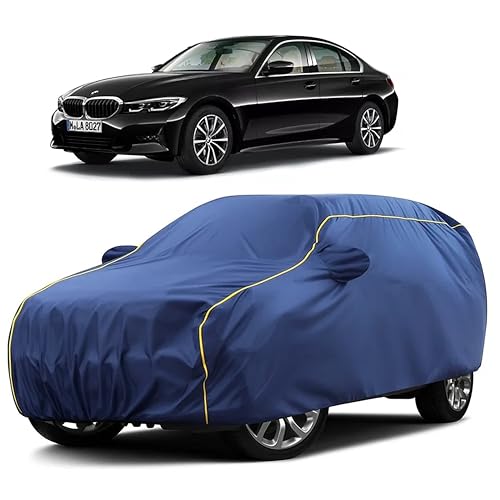 Image of Sulfar 100% Water Resistant Car Body Cover Compatible with Mirror for BMW 320D (Triple Stitched, Full Bottom Elastic, Blue Taffeta with Yellow Piping)