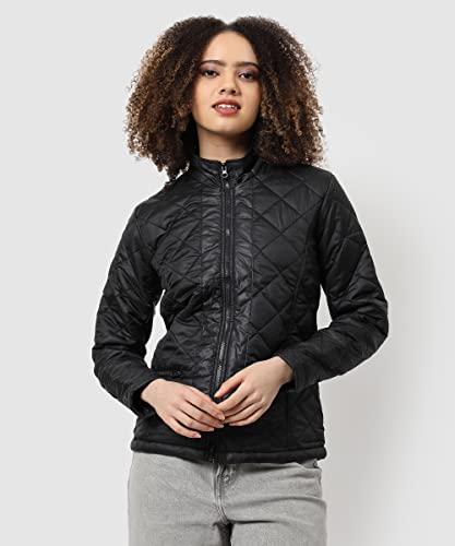 Image of Campus Sutra Women's Black Quilted Regular Fit Bomber Jacket For Winter Wear | Standing Collar | Full Sleeve | Zipper | Casual Jacket For Woman & Girl | Western Stylish Jacket For Women